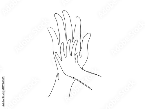Continuous one line of a mother's and child's hand overlapping, symbolizing love, care, and the nurturing bond between parent and child. Touch hands, vector illustration, Editable stroke






