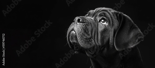 Black Neapolitan Mastiff Puppy Gazing Upward in Monochrome Against Dark Background with Copyspace for Text photo