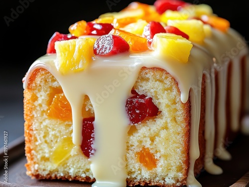 Deliciously decorated fruit loaf cake topped with a creamy glaze and colorful fruits, perfect for dessert or celebrations