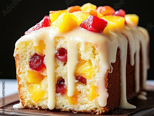Delicious fruit loaf cake topped with colorful glaze and assorted fruits displayed on a wooden board
