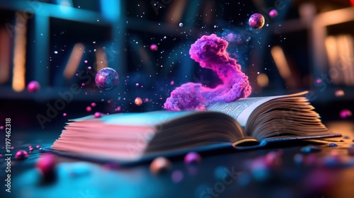 An enchanting open book emits vibrant cosmic elements, symbolizing imagination, knowledge, and the boundless potential of creativity in a dreamy, artistic setting. photo