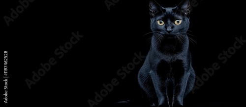 Black Cat with Yellow Eyes Sitting Against a Dark Background, Focusing on the Camera, Ample Space for Text Addition. photo