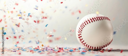 Baseball themed birthday party backdrop featuring a baseball on a light background with colorful confetti scattered around and ample copyspace for text. photo