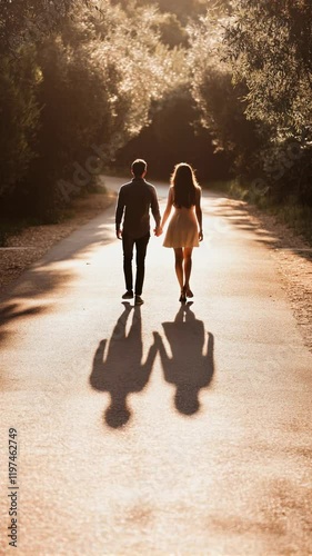 Couple Walking Hand in Hand with Long Shadows on Sunlit Path
