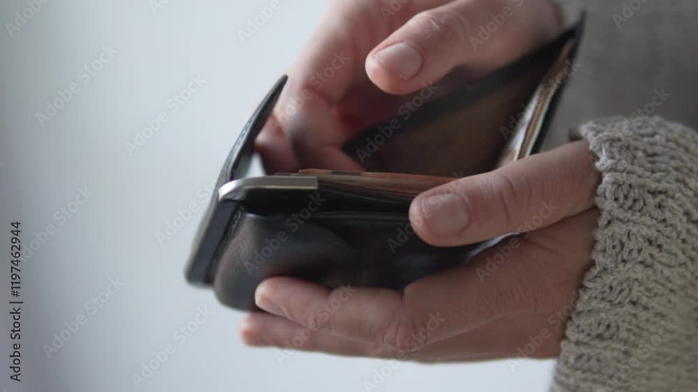 With a woman's hands, I open a leather purse with money, fifty euro bills