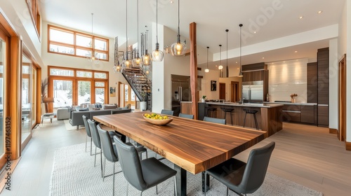 Wallpaper Mural A spacious open-plan dining room with a large wooden table, contemporary chairs, and bright hanging lights. Torontodigital.ca