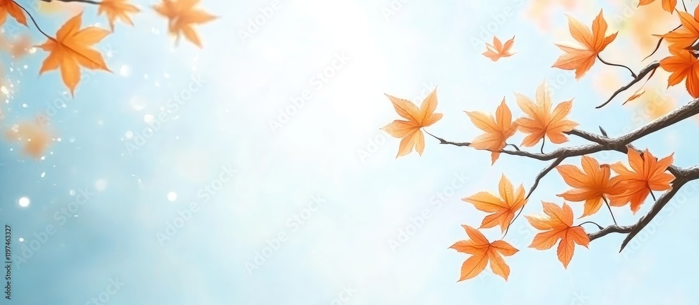Vibrant orange maple leaves against a soft blue background with light bokeh effect creating an inviting atmosphere for text placement Vibrant orange maple leaves against a soft blue background with light bokeh effect creating an inviting atmosphere for text placement