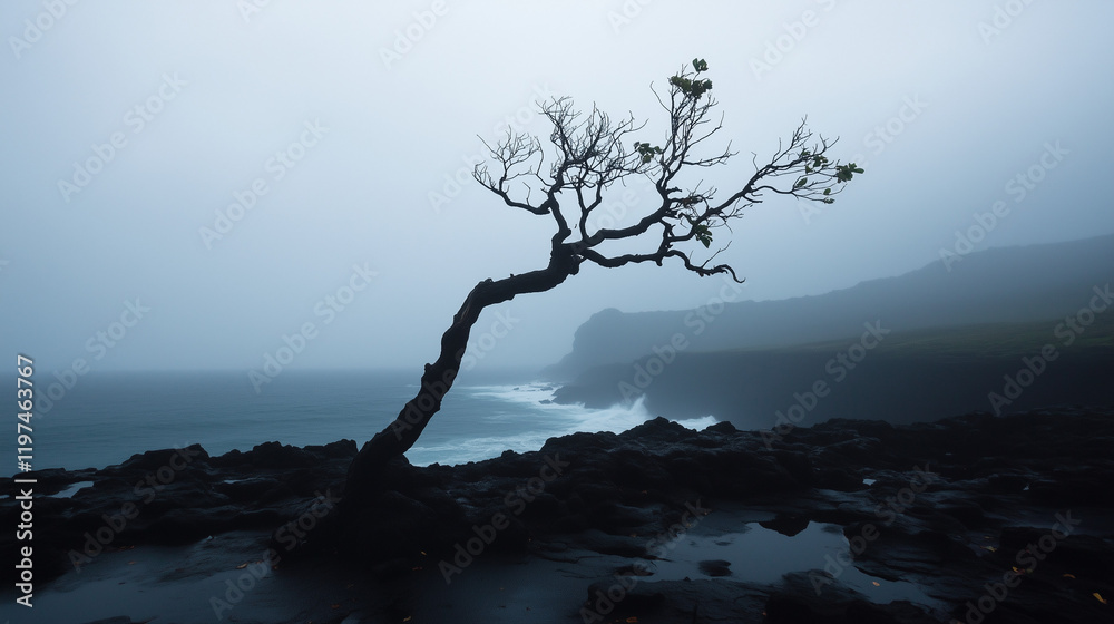 A lone tree standing against a fierce hurricane wind, its branches bending almost to the ground, with leaves being violently swept away A lone tree standing against a fierce hurricane wind, its branches bending almost to the ground, with leaves being violently swept away