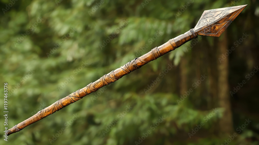 Historical Spear Thrown with Full Might in Spiraling Motion Against Natural Background Historical Spear Thrown with Full Might in Spiraling Motion Against Natural Background