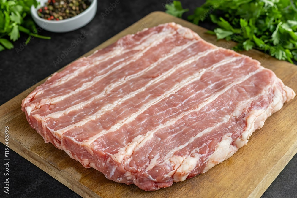 Raw Pork Belly Slices on Wooden Board, Ready for Cooking Raw Pork Belly Slices on Wooden Board, Ready for Cooking