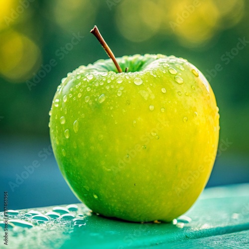 green apple with water drops