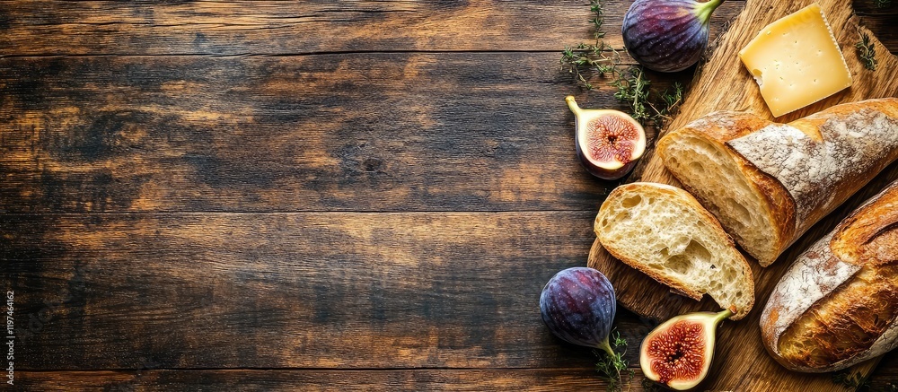 Bread, figs, and cheese arranged on a rustic wooden surface with empty space for text or branding.