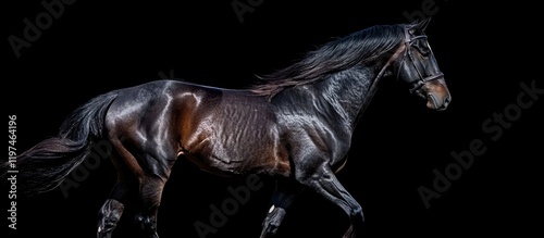 Majestic black horse with flowing brown mane trotting gracefully against a stark black background, creating ample empty space for text and branding. photo