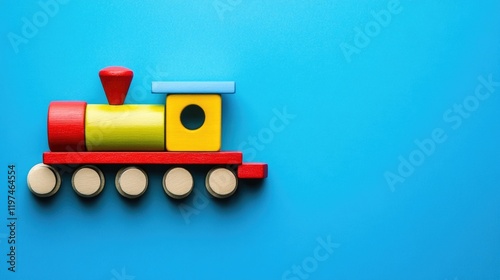 Colorful wooden toy train on a blue background with copy space for text placement photo