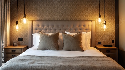 Wallpaper Mural A stylish bedroom with a feature wall, luxurious textiles, and pendant lights serving as bedside lamps. Torontodigital.ca