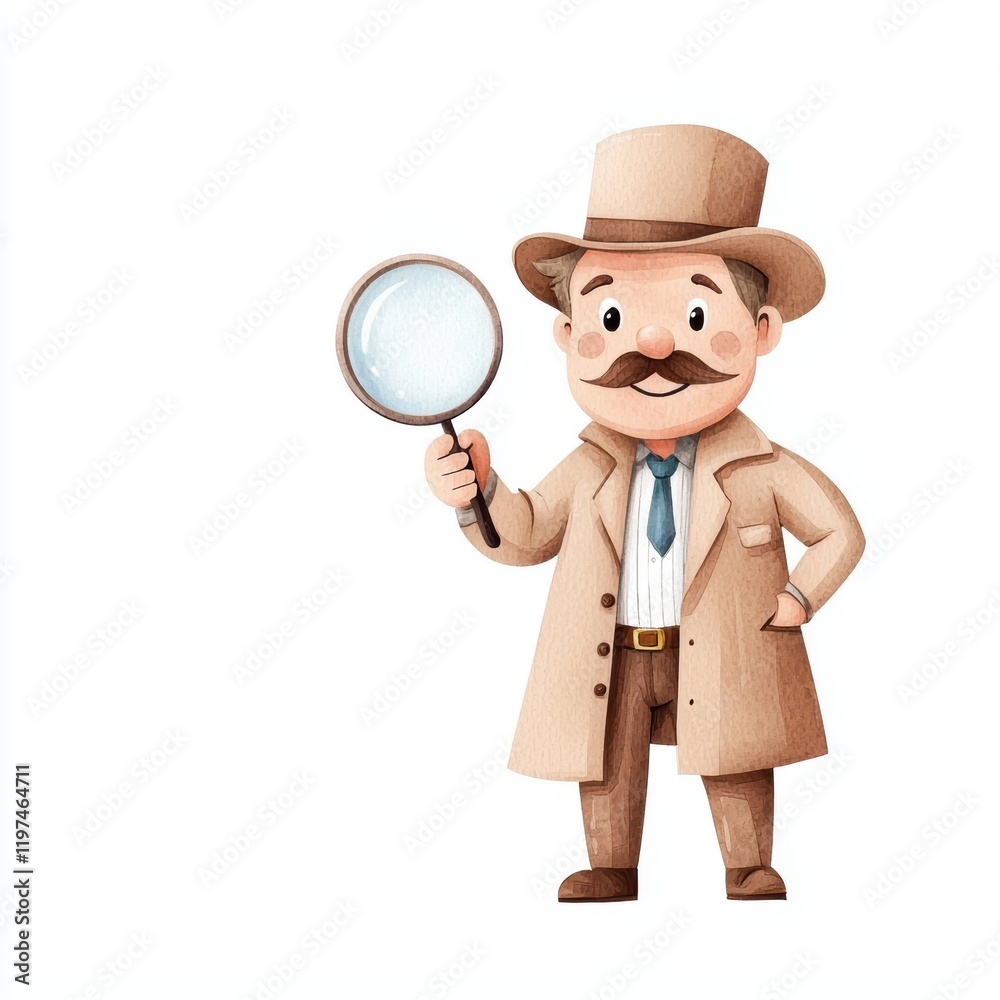 Charming Detective Character Illustration: A friendly cartoon detective with a magnifying glass Charming Detective Character Illustration: A friendly cartoon detective with a magnifying glass