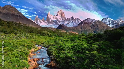 Aerial footage of Mount Fitz Roy and mountain river morning view in Patagonia, Argentina