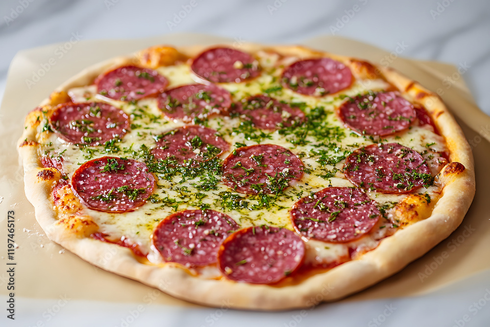 Delicious Pizza topped with mozzarella, tomatoes and salami. Tasty italian mediterranean food Delicious Pizza topped with mozzarella, tomatoes and salami. Tasty italian mediterranean food