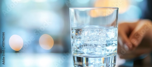 Bartender serving a clear glass of gin filled with ice cubes on a wooden bar surface with blurred colorful background and ample text space photo