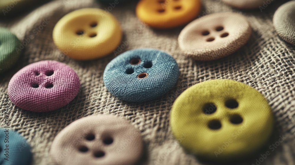 Colorful fabric buttons arranged on textured burlap background with soft focus and natural lighting showcasing various colors and designs. Copy Space.