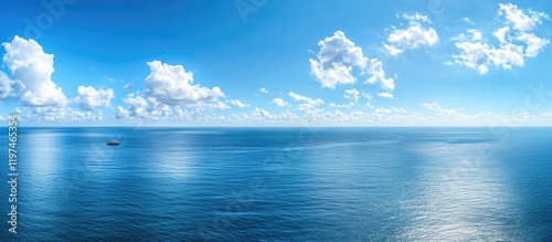 Aerial view of bright blue ocean horizon with a solitary yacht on calm waters under white clouds and ample copy space for text