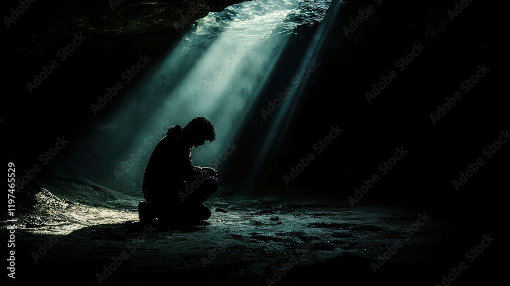 Fototapeta premium Lone Person Kneeling in Dark Cave with Light Breaking Through from Above