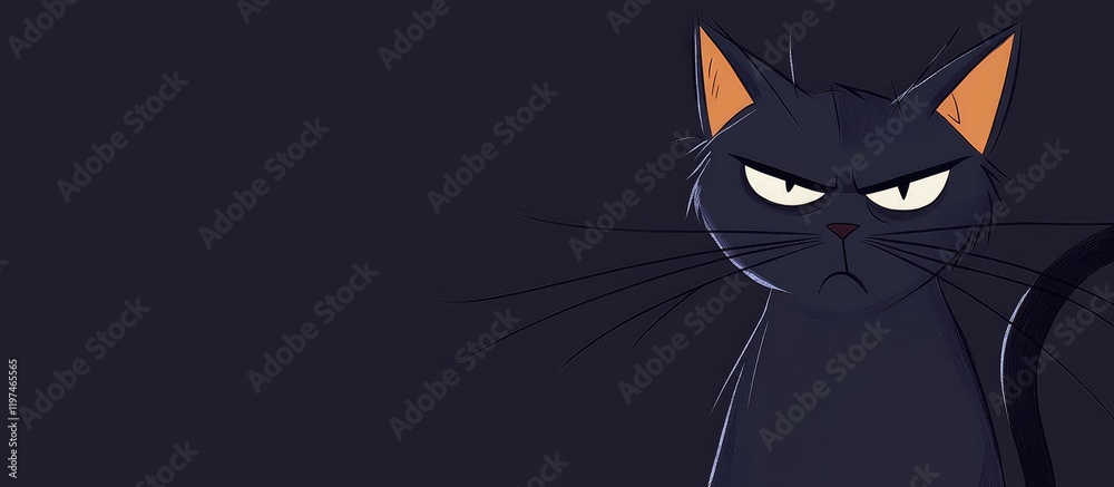 Obraz premium Large black cat displaying a scowling expression against a dark background with ample copyspace for customizable text options.