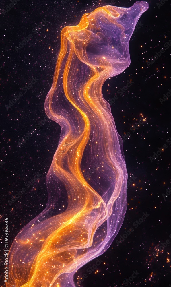 An ethereal, glowing entity with flowing forms against a dark star-studded background An ethereal, glowing entity with flowing forms against a dark star-studded background