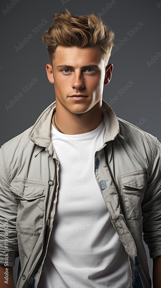portrait of a young man dressed in casual denim shirt on vertical portrait of a young man dressed in casual denim shirt on vertical