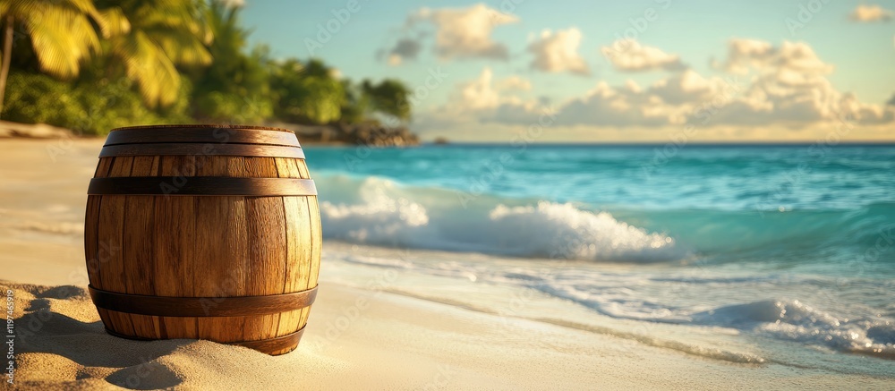 Fototapeta premium Wooden rum barrel resting on sandy tropical beach shoreline with turquoise waves and lush green palm trees under a bright blue sky