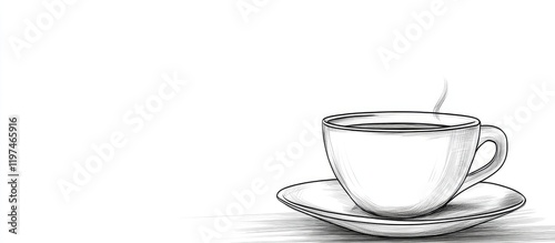 Monochrome Line Drawing of Coffee Cup on White Surface with Blank Area for Text photo