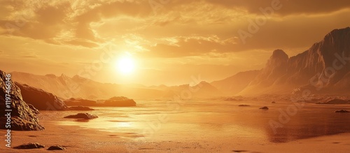 Stunning Sunrise over Sandy Beach with Empty Space for Text or Graphics