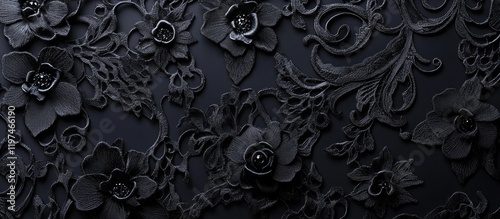 Elegant Black Lace Textured Background with Floral Patterns and Copyspace for Text, Perfect for Fashion and Design Themes in Dark Tones