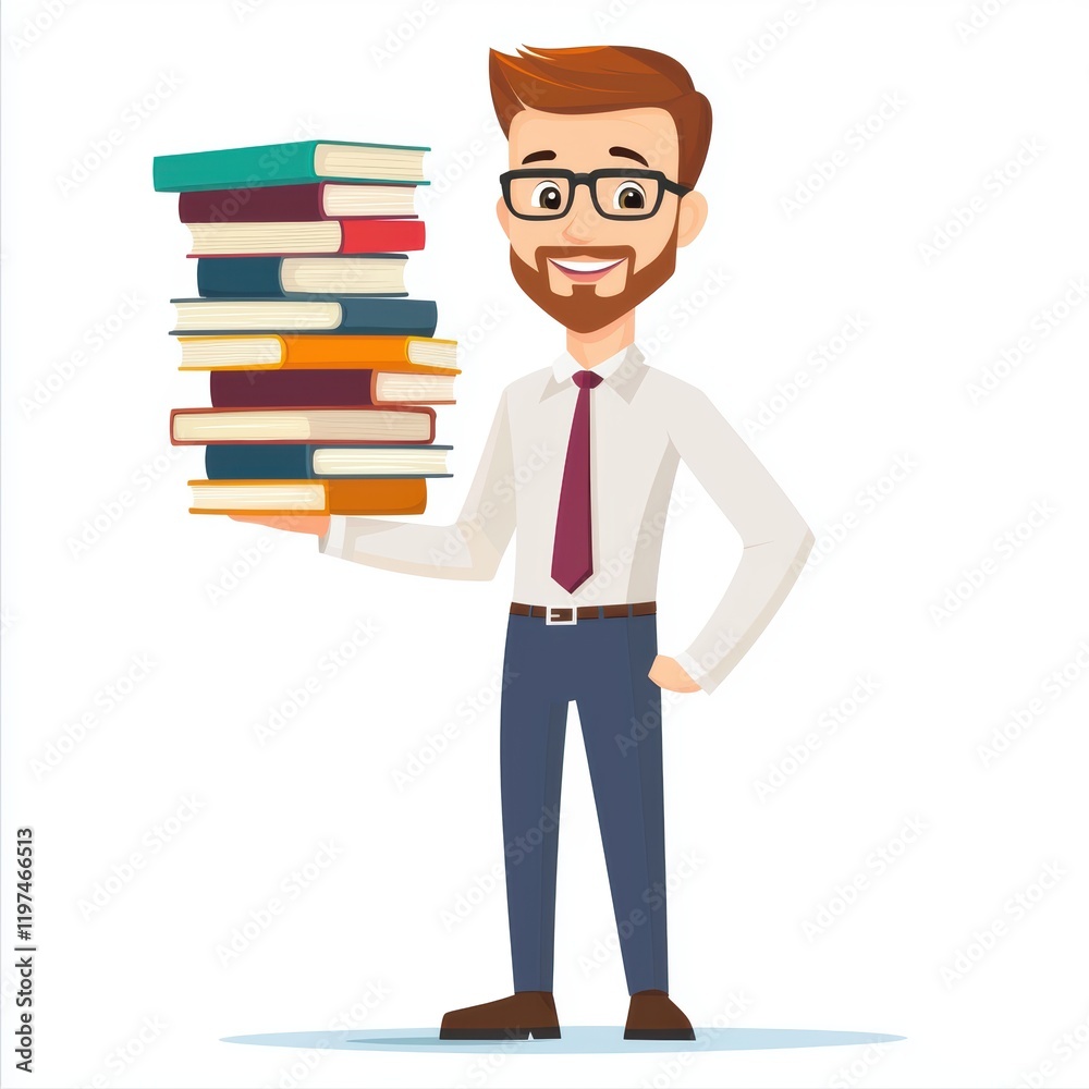 Knowledge is Power: A cheerful, bespectacled man with a beard holds a towering stack of books, radiating confidence and intellectual prowess. Knowledge is Power: A cheerful, bespectacled man with a beard holds a towering stack of books, radiating confidence and intellectual prowess.