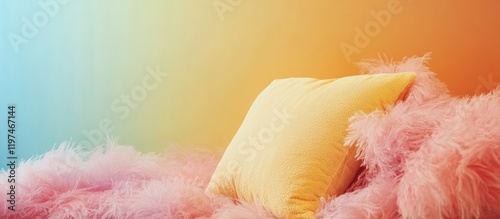 Yellow pillow resting on pink fluffy clouds against pastel gradient backdrop