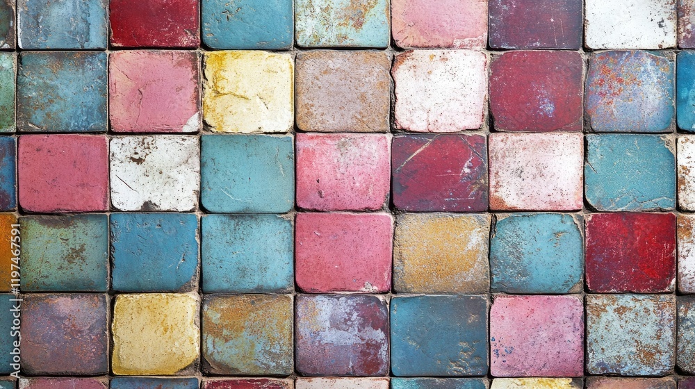 Colorful weathered tiles arranged in a geometric pattern showcasing a variety of textures and colors with Copy Space for text insertion. Colorful weathered tiles arranged in a geometric pattern showcasing a variety of textures and colors with Copy Space for text insertion.