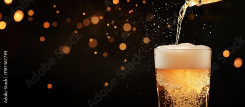 Chilled draft beer being poured into a glass against a dark background with bokeh lights highlighting amber and gold tones for beverage concept.