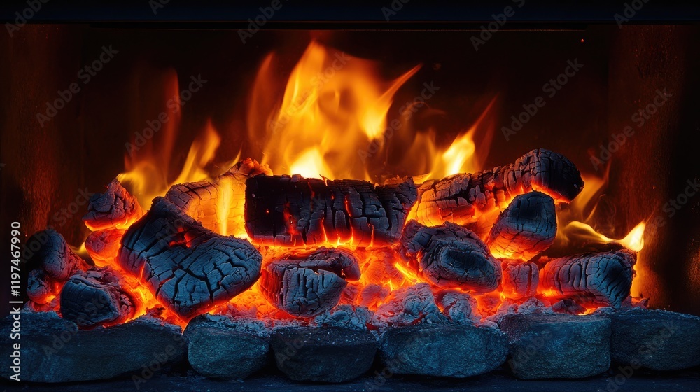 Glowing fireplace with burning logs and embers on stone base creating warm atmosphere Copy Space Glowing fireplace with burning logs and embers on stone base creating warm atmosphere Copy Space