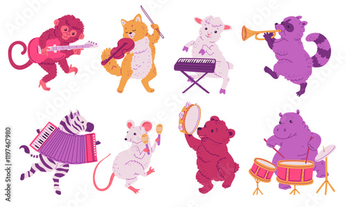 Vector set with animals playing musical instruments isolated on a white background
