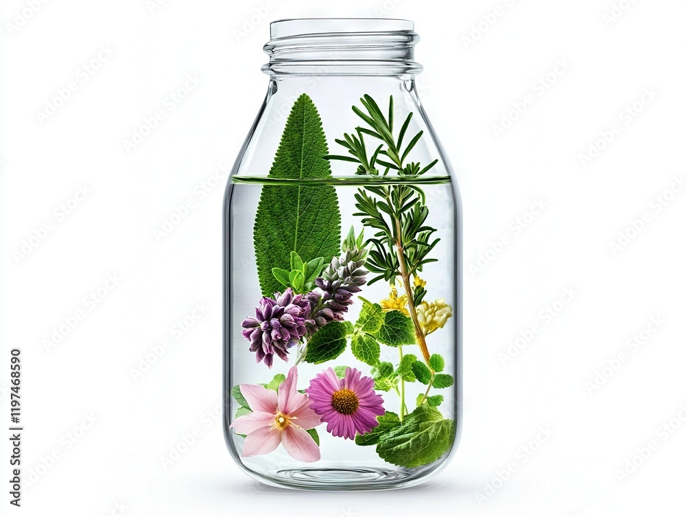 Infusing fresh herbs and flowers into water bright kitchen glass jar natural aesthetics freshness concept Infusing fresh herbs and flowers into water bright kitchen glass jar natural aesthetics freshness concept