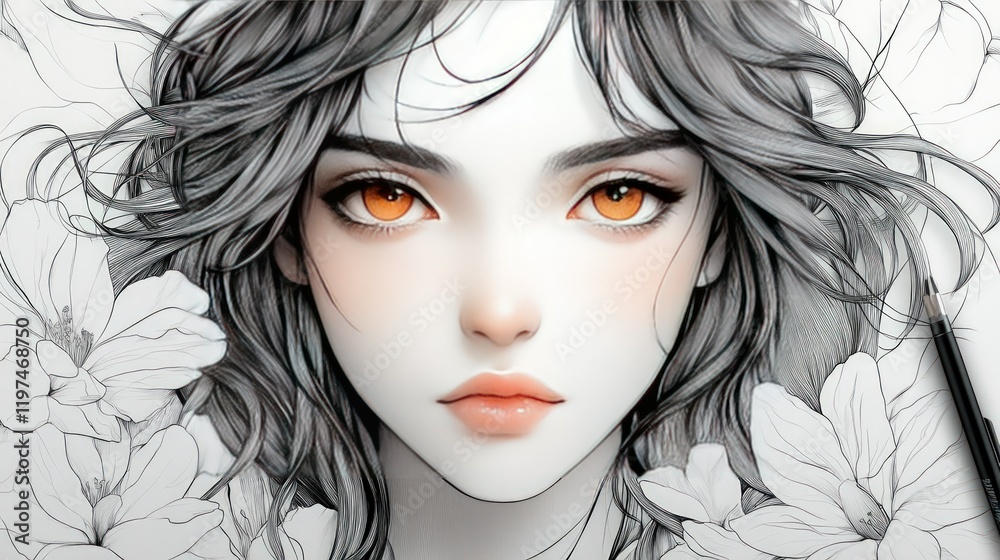 Close-up portrait of a beautiful woman with long black hair, drawn in black and white with a touch of color in her eyes, surrounded by white flowers. Close-up portrait of a beautiful woman with long black hair, drawn in black and white with a touch of color in her eyes, surrounded by white flowers.