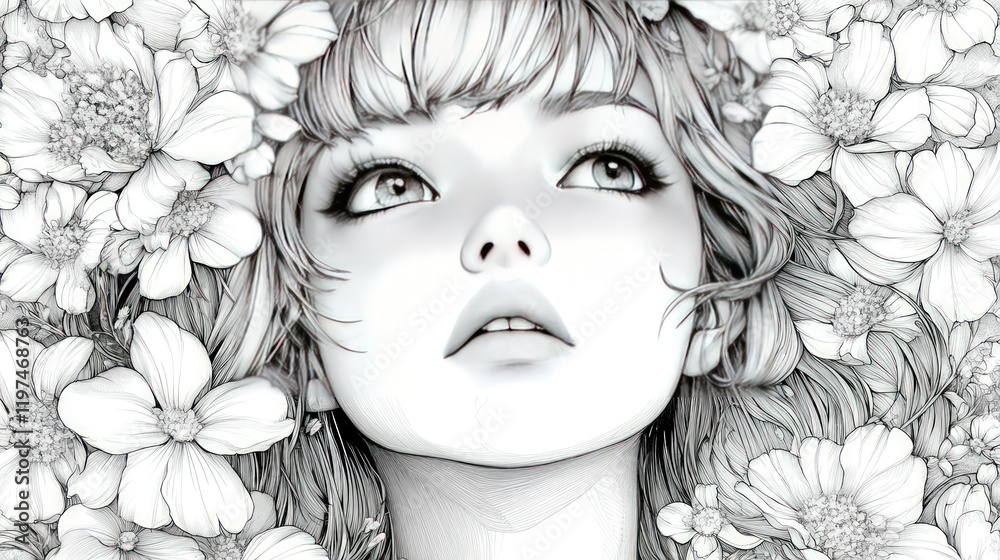A black and white illustration of a young woman with big eyes looking up surrounded by delicate flowers. A black and white illustration of a young woman with big eyes looking up surrounded by delicate flowers.