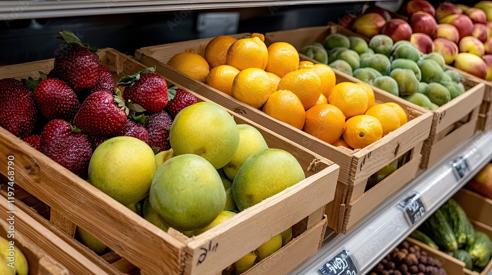 Brightly colored fruits are artfully arranged in wooden boxes, inviting customers to explore this vibrant supermarket display Brightly colored fruits are artfully arranged in wooden boxes, inviting customers to explore this vibrant supermarket display