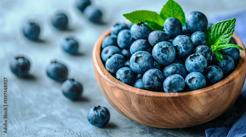 Wooden bowl of fresh blueberries on a blue background. Close-up. Banner Wooden bowl of fresh blueberries on a blue background. Close-up. Banner