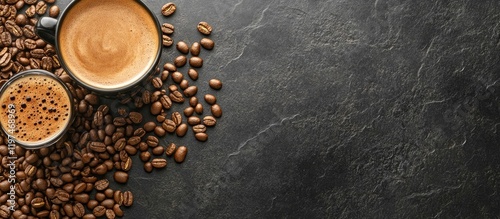 Barista skillfully preparing latte coffee in gray ceramic cup surrounded by roasted coffee beans on dark stone background with empty space for text photo