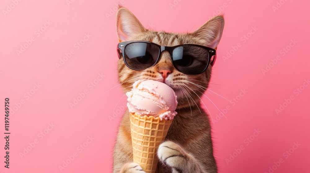 Cat Enjoying Ice Cream Cone on Pink Background with Sunglasses Cat Enjoying Ice Cream Cone on Pink Background with Sunglasses