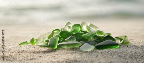 Colorful sea glass pieces on sandy beach with ocean waves in background Copy Space for environmental or artistic themes photo