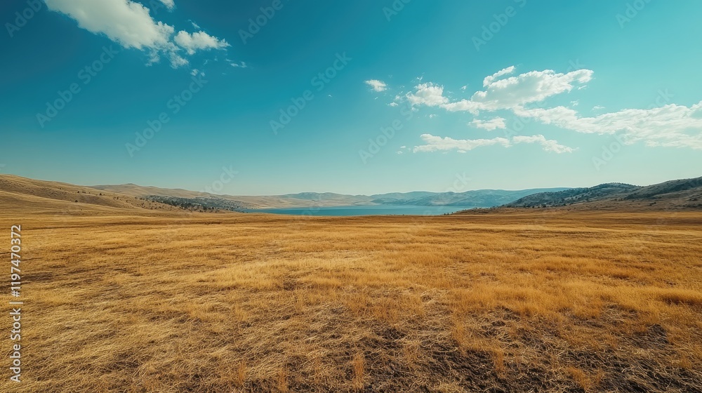 Vast dry grassland panorama with distant lake under blue sky and scattered clouds Copy Space Vast dry grassland panorama with distant lake under blue sky and scattered clouds Copy Space