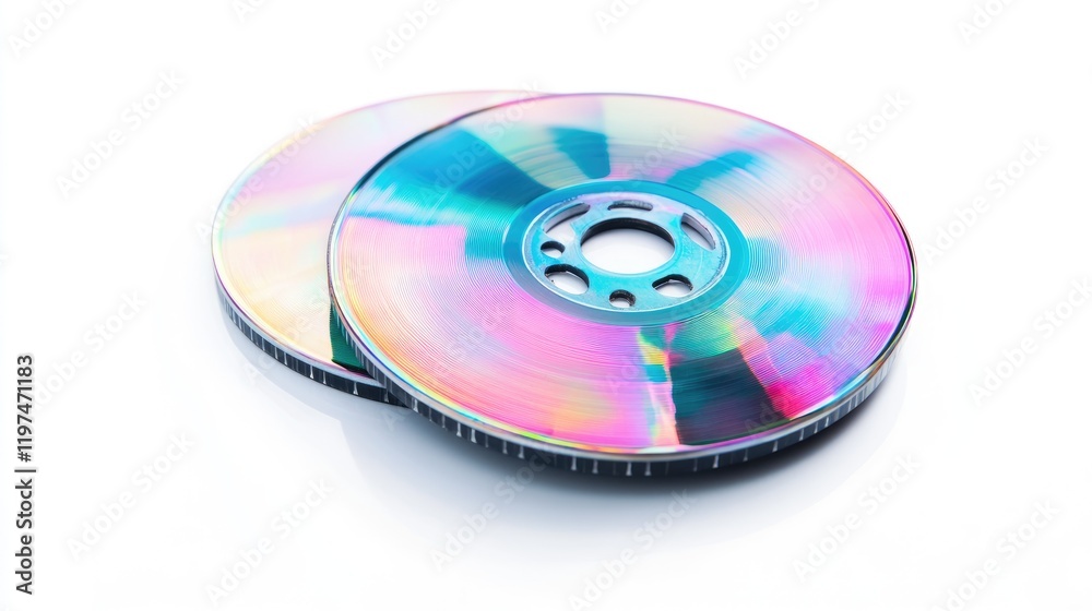 Colorful compact discs with abstract reflections on a white background featuring copy space. Colorful compact discs with abstract reflections on a white background featuring copy space.