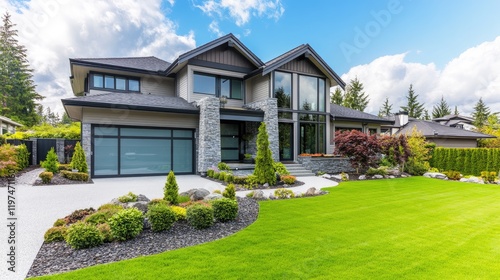 Modern residential house with large windows and landscaped garden showcasing greenery and stone accents surrounded by tall trees and blue sky.